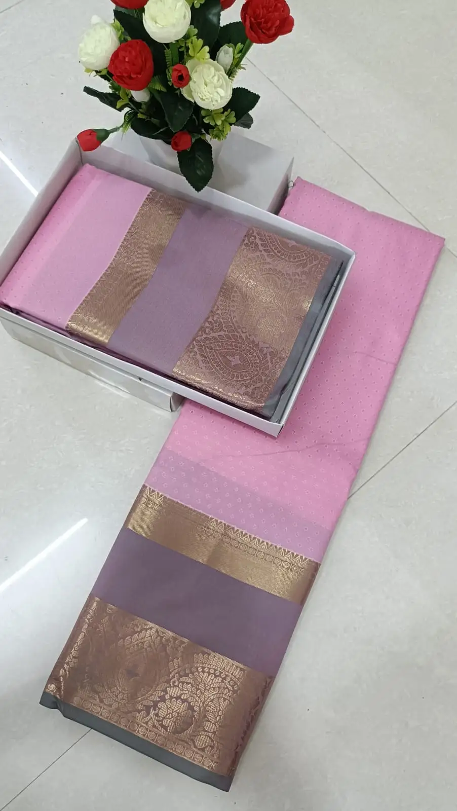 Baby Pink Soft Silk Saree with Day-Night Border and 3D Embossing